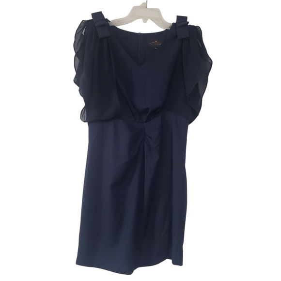 Chezcoco Midi Ruffled Dress Womens Navy Blue L V Neck Flutter Sleeve Soft Bow - Picture 1 of 11